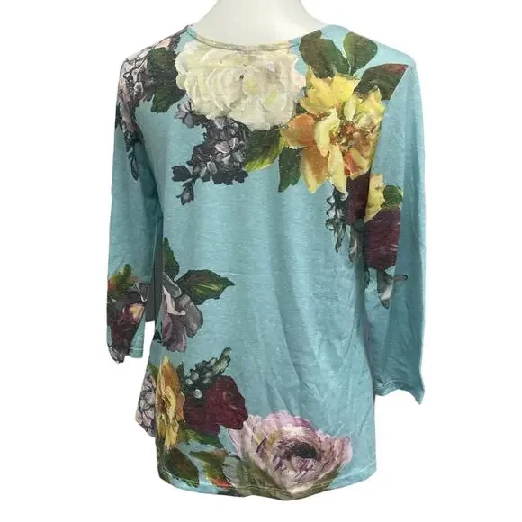 Upcycled Hand Printed Womens Medium Human Skull Goth Bone Floral Long Sleeve Top - Picture 3 of 4